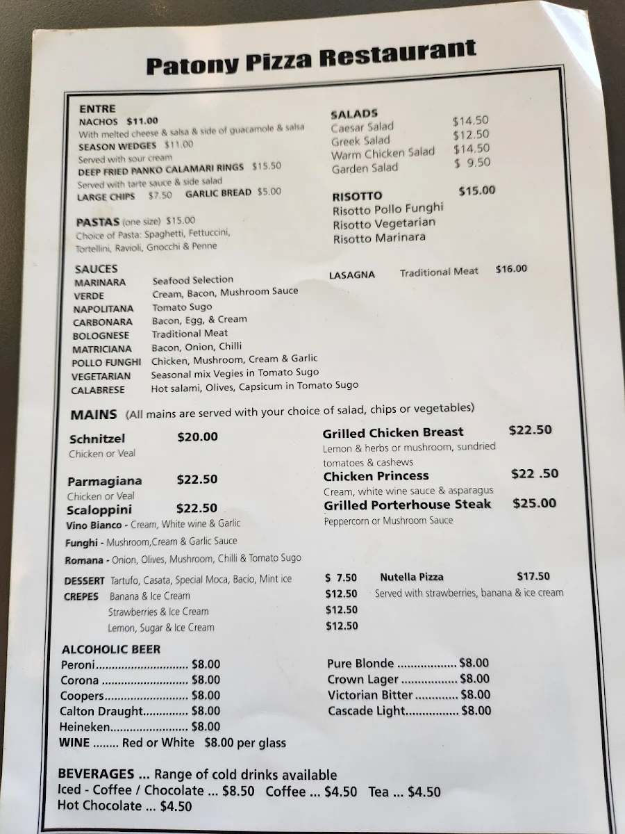 Menu, Patony Pizza
