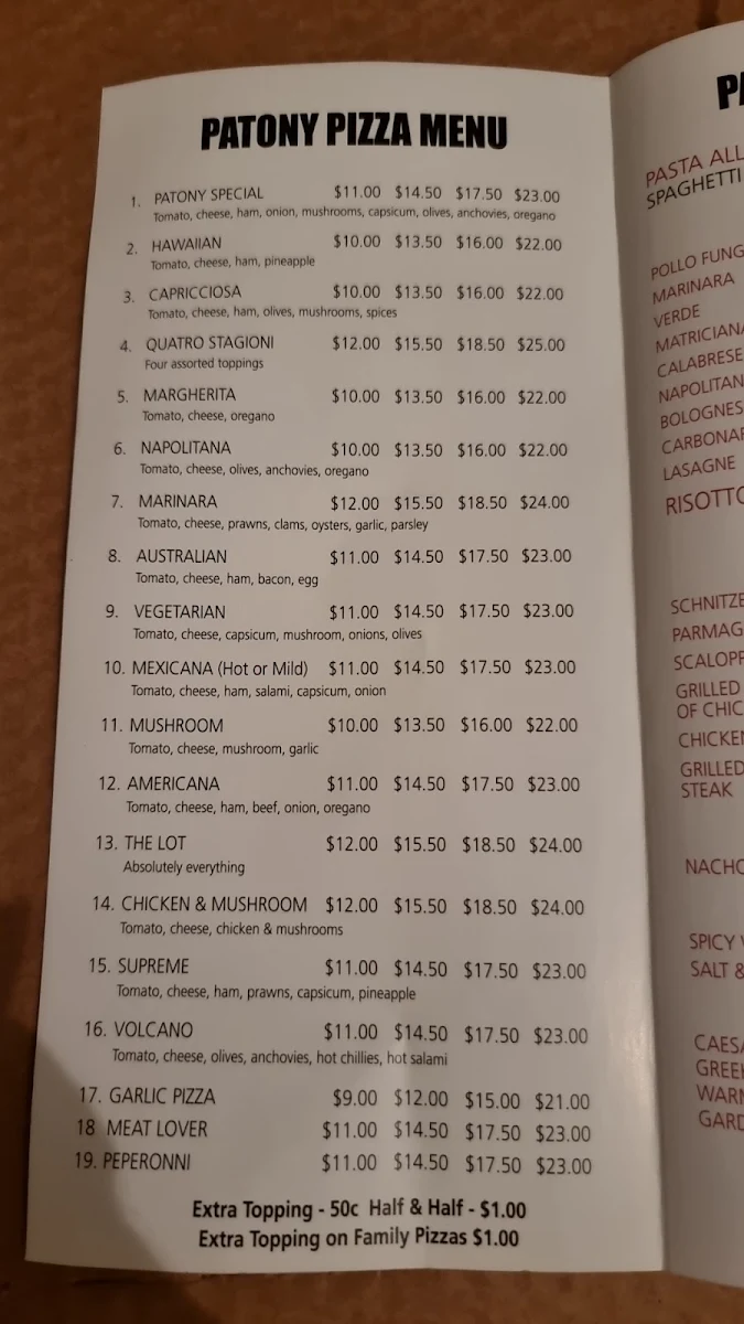Menu, Patony Pizza