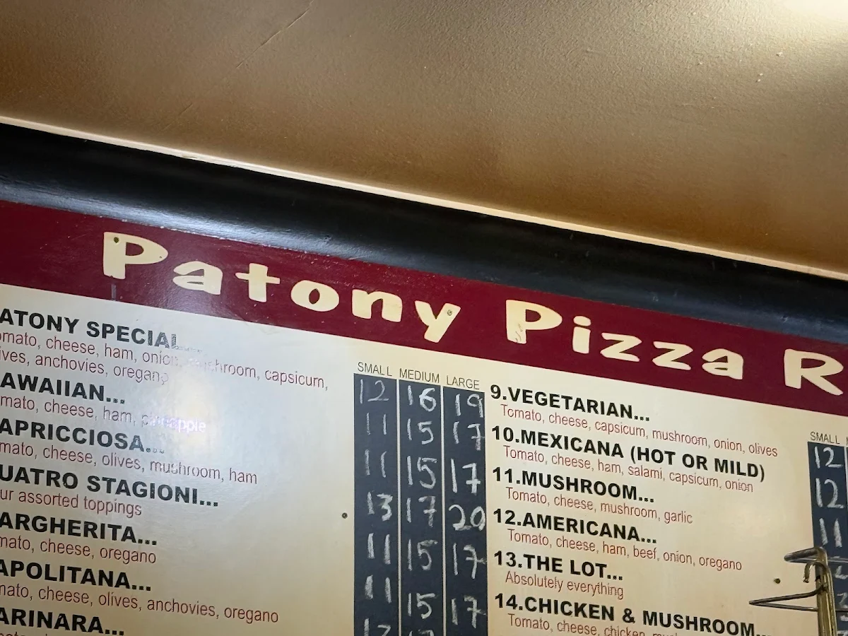 Menu, Patony Pizza
