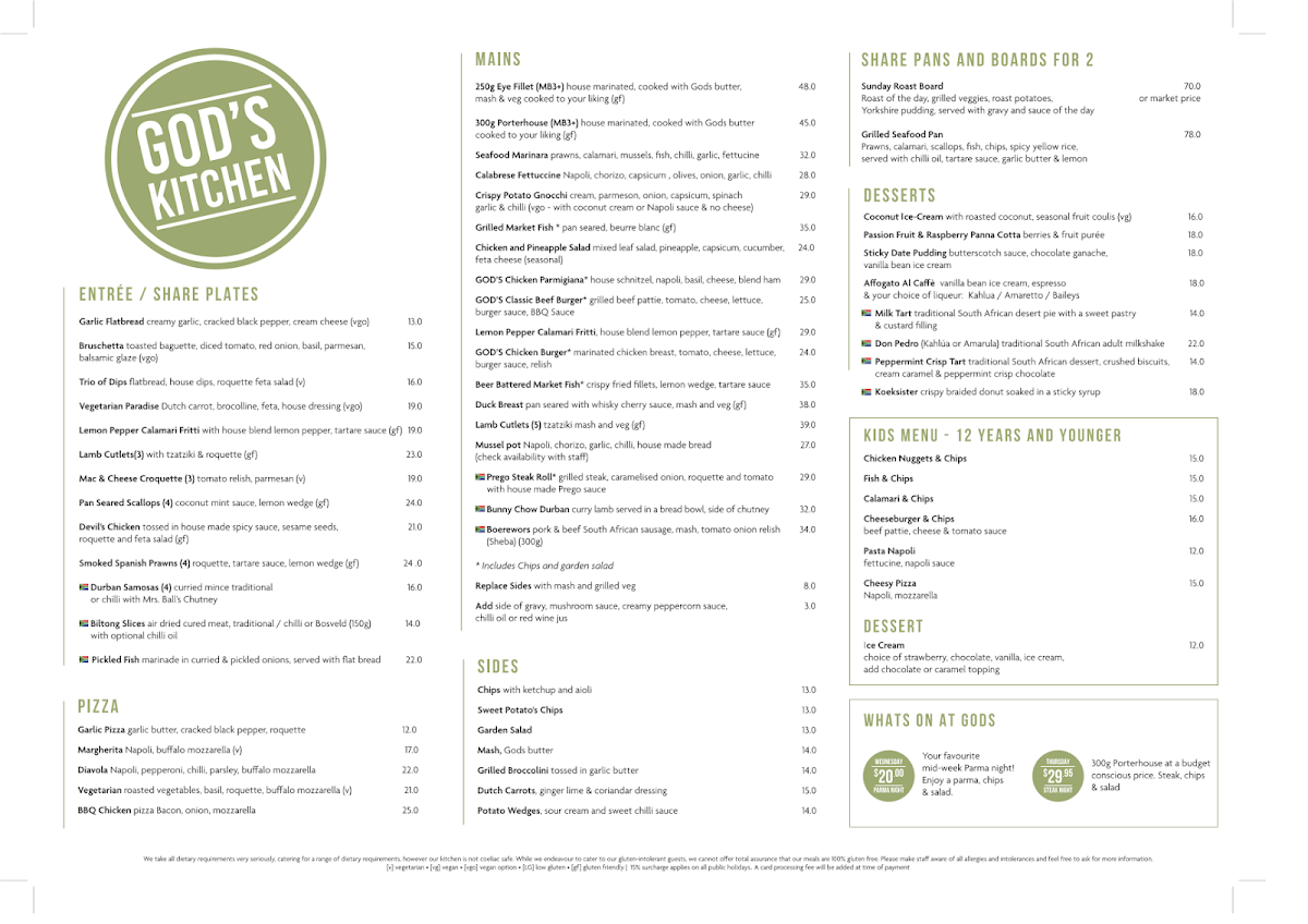 Menu, Gods Kitchen
