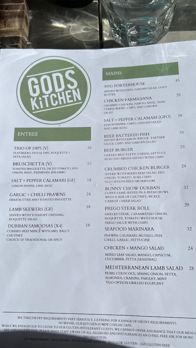 Menu, Gods Kitchen