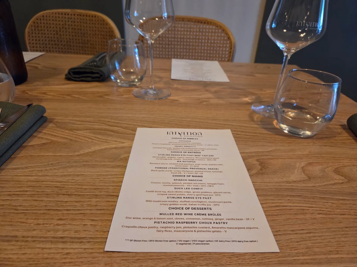 Menu, Intuition Wine and Kitchen