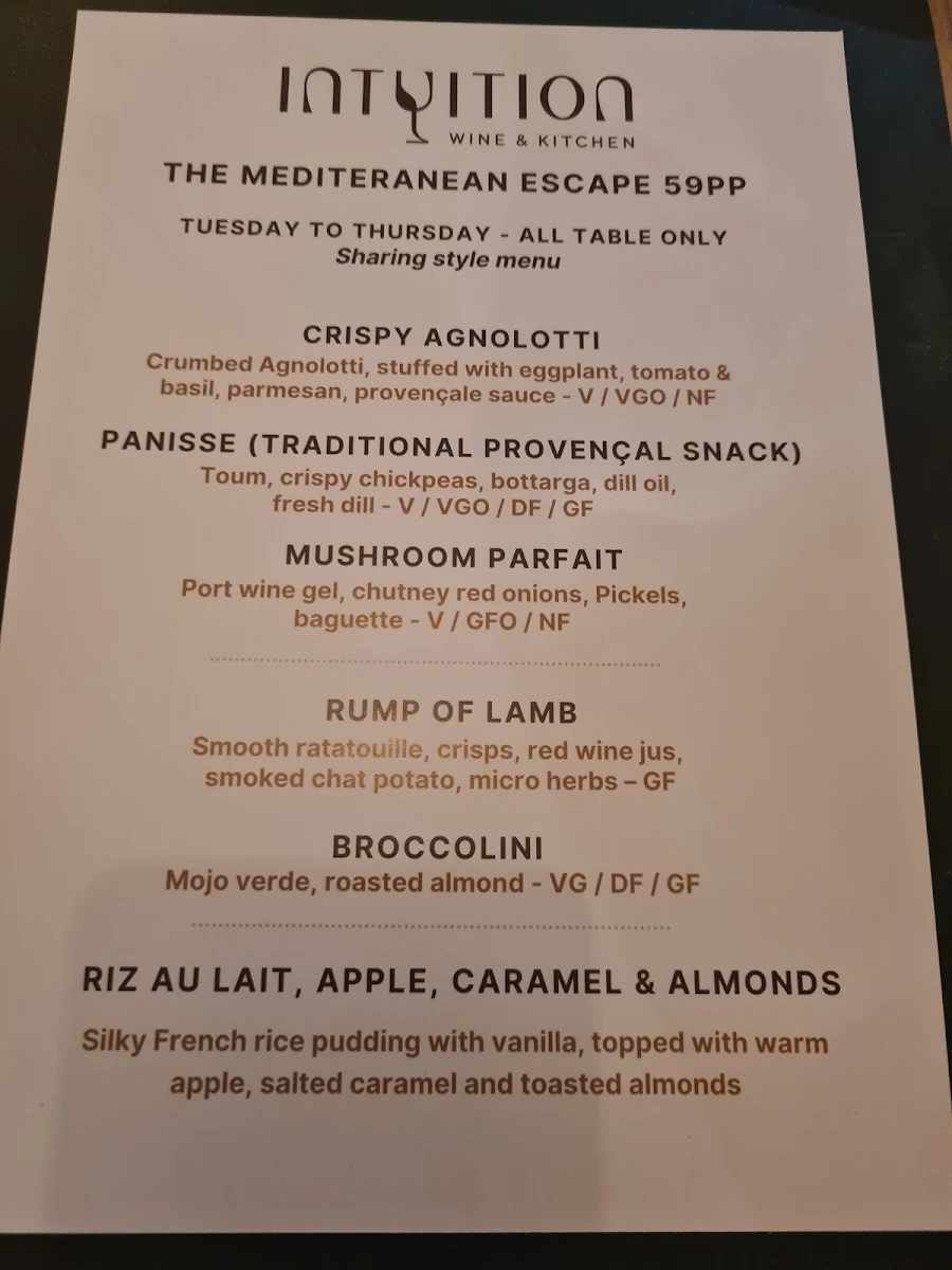 Menu, Intuition Wine and Kitchen