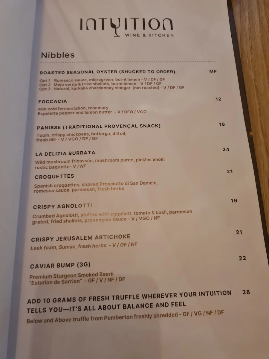 Menu, Intuition Wine and Kitchen