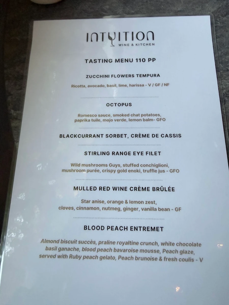 Menu, Intuition Wine and Kitchen