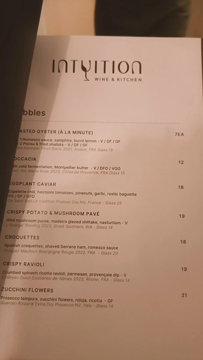 Menu, Intuition Wine and Kitchen