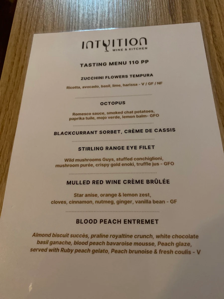 Menu, Intuition Wine and Kitchen