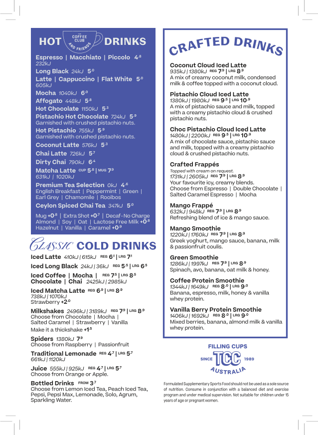 Menu, The Coffee Club - Rumba Caloundra