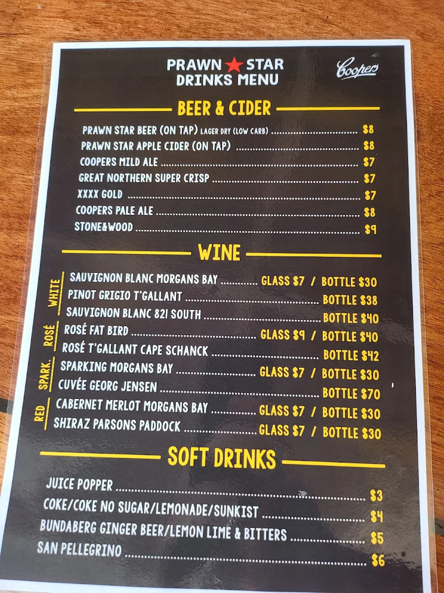 Menu, Prawn Star Mooloolaba