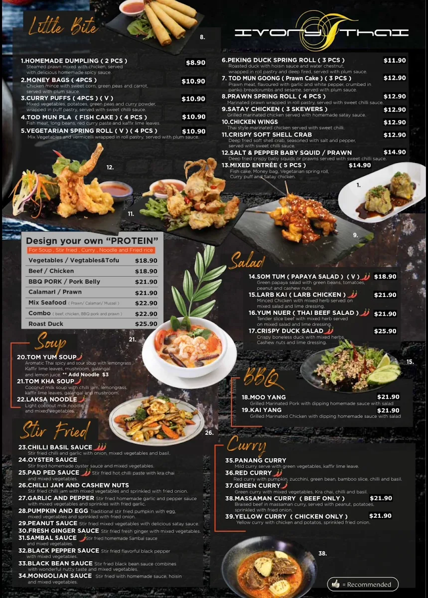 Menu, Ivory Thai Crows Nest