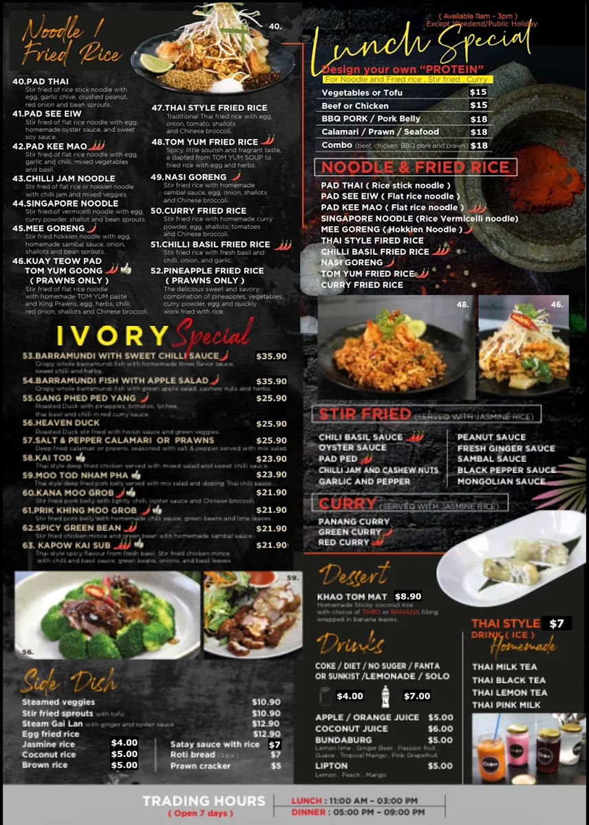 Menu, Ivory Thai Crows Nest