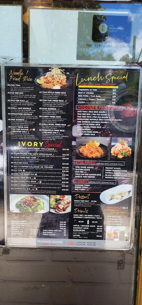 Menu, Ivory Thai Crows Nest