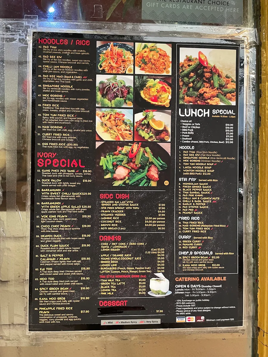 Menu, Ivory Thai Crows Nest