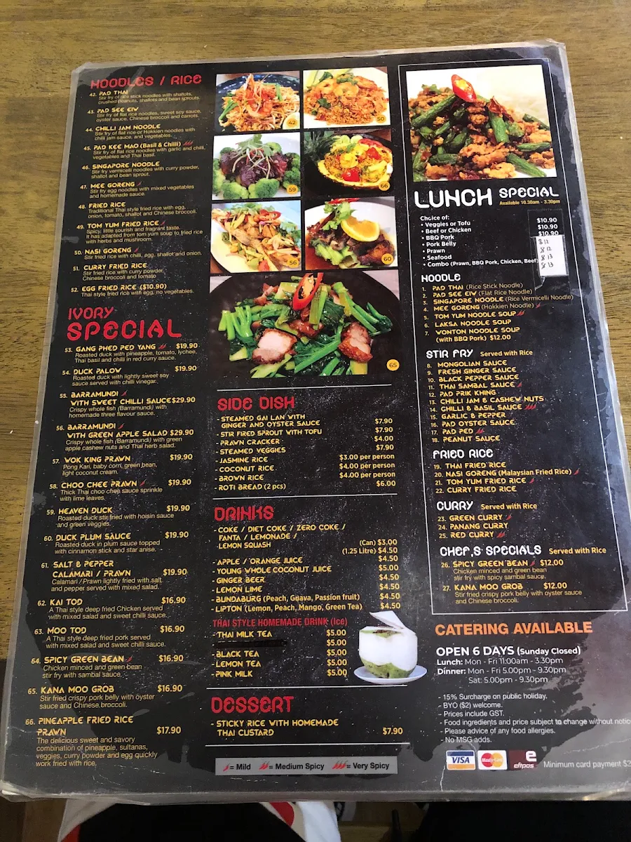 Menu, Ivory Thai Crows Nest