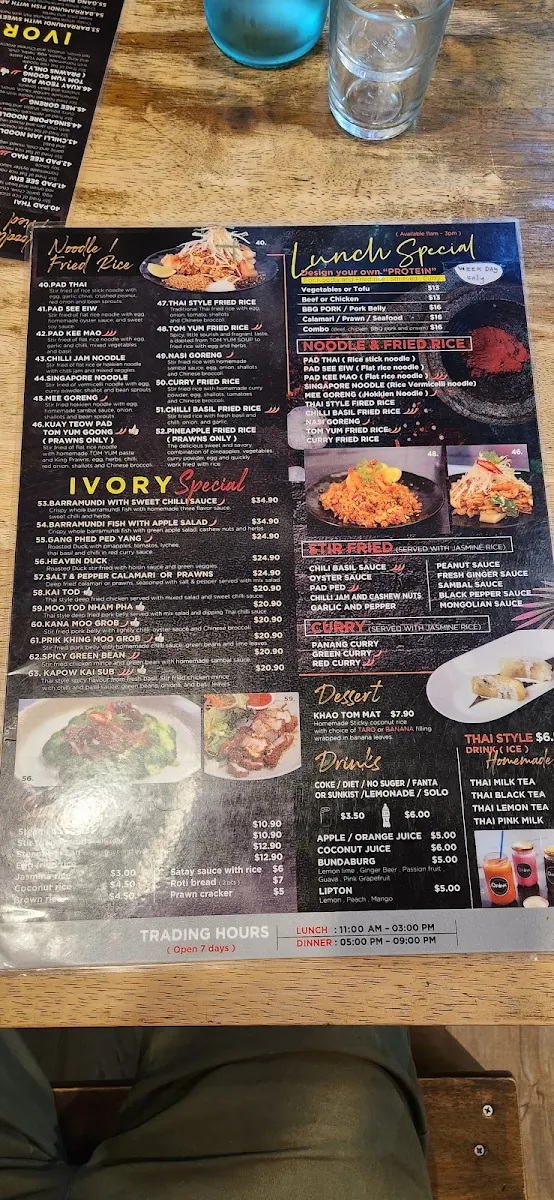 Menu, Ivory Thai Crows Nest