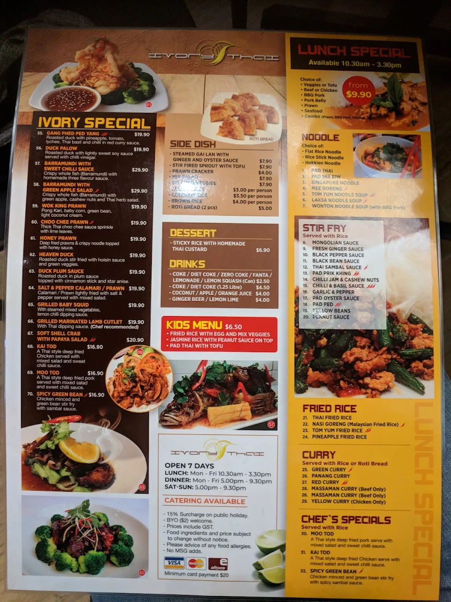Menu, Ivory Thai Crows Nest