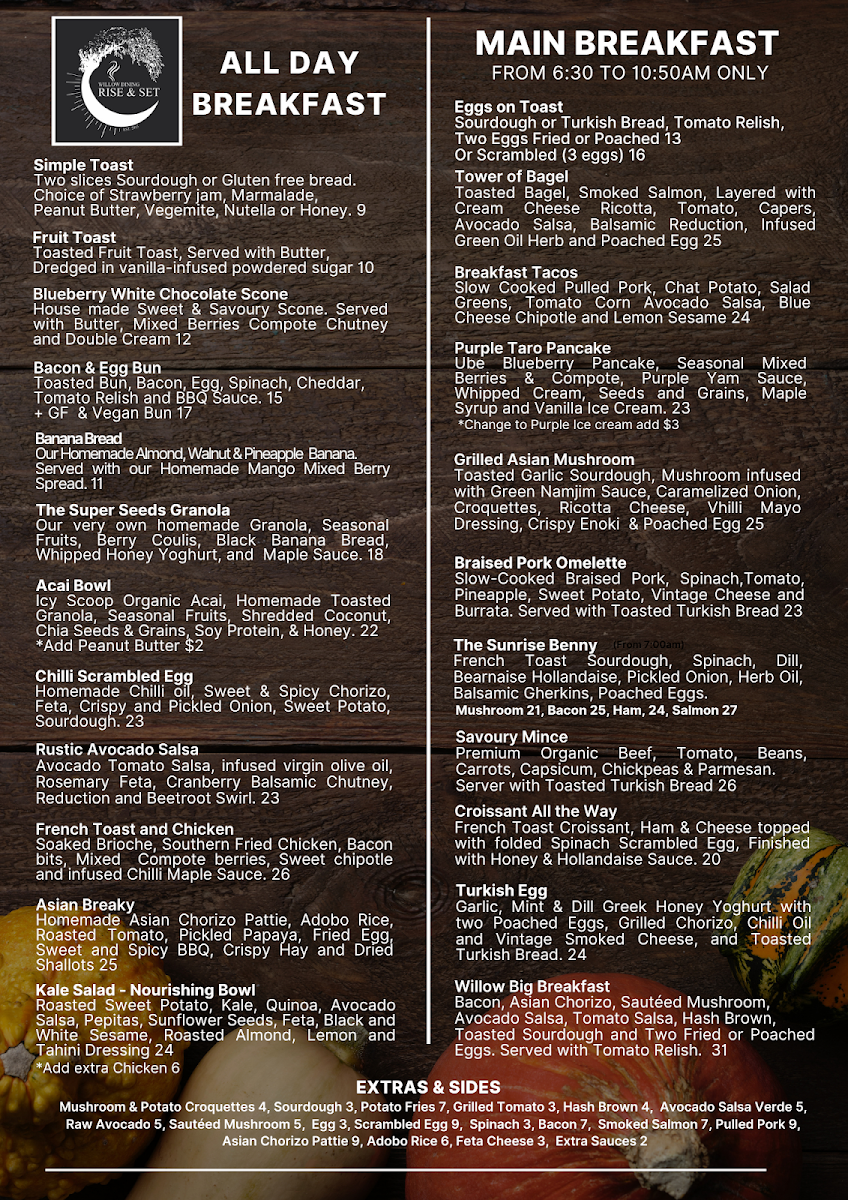 Menu, Rise & Set Restaurant Cafe