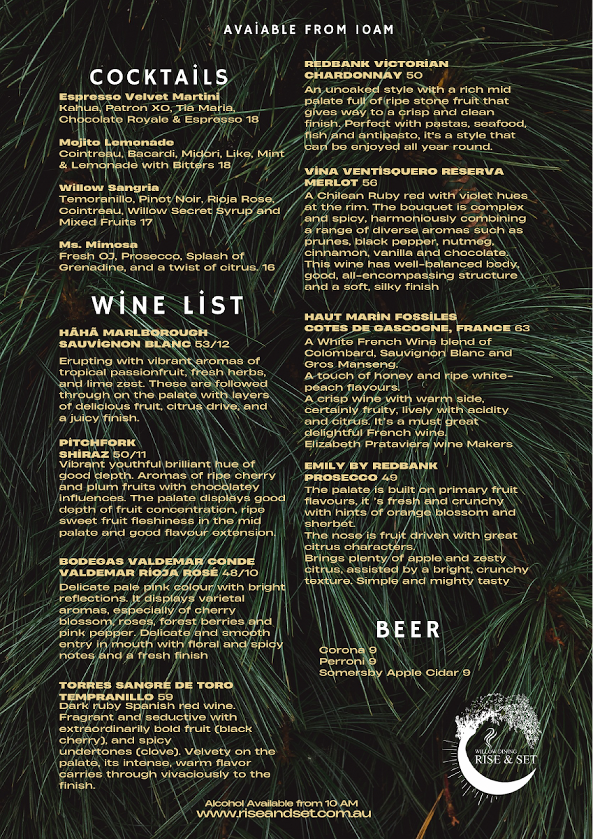 Menu, Rise & Set Restaurant Cafe