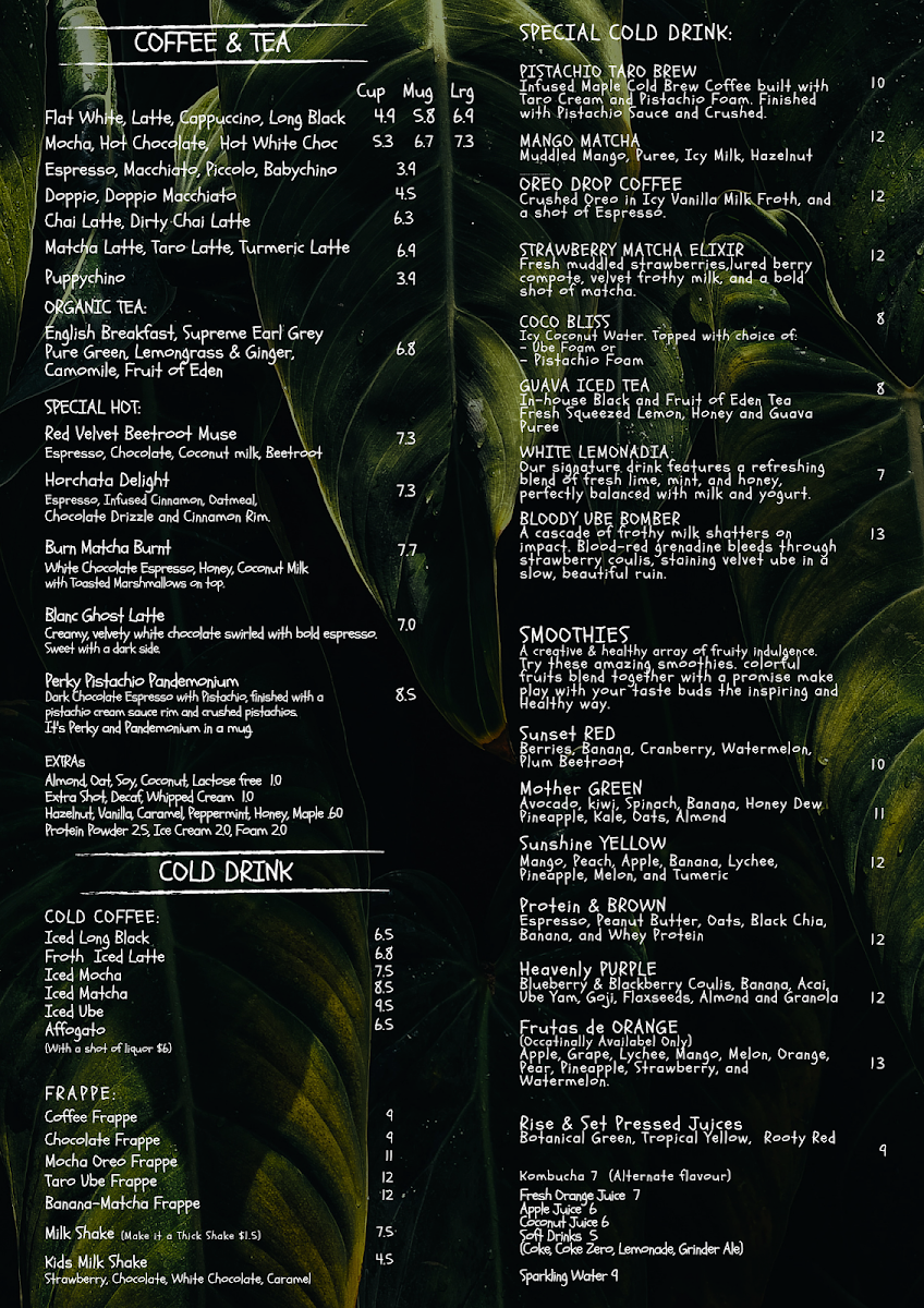 Menu, Rise & Set Restaurant Cafe