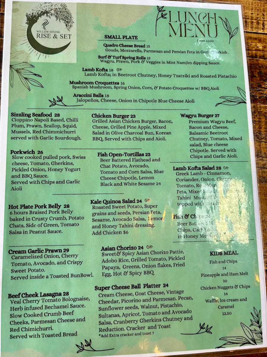Menu, Rise & Set Restaurant Cafe