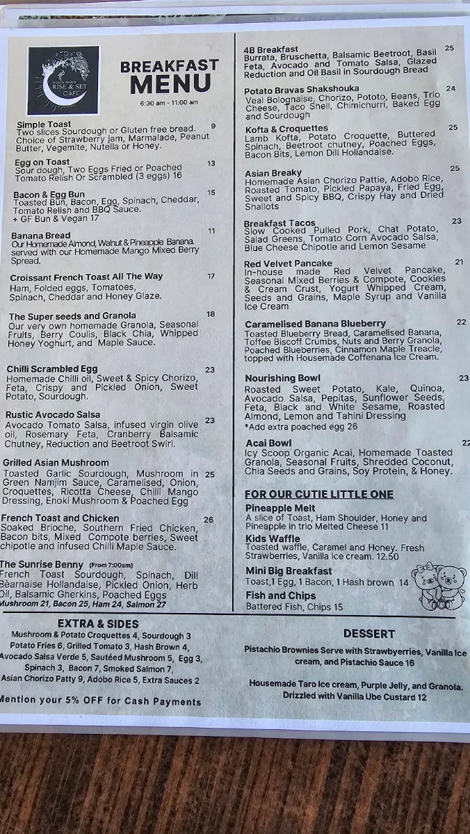 Menu, Rise & Set Restaurant Cafe