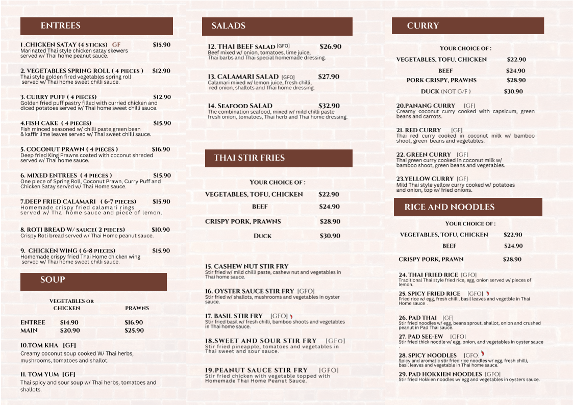 Menu, Thai Home - Agnes Water