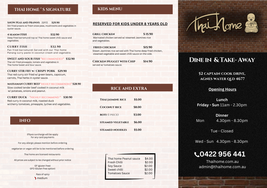 Menu, Thai Home - Agnes Water