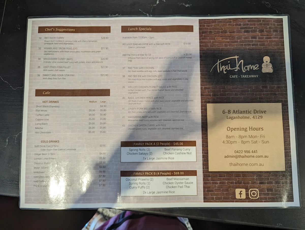 Menu, Thai Home - Agnes Water
