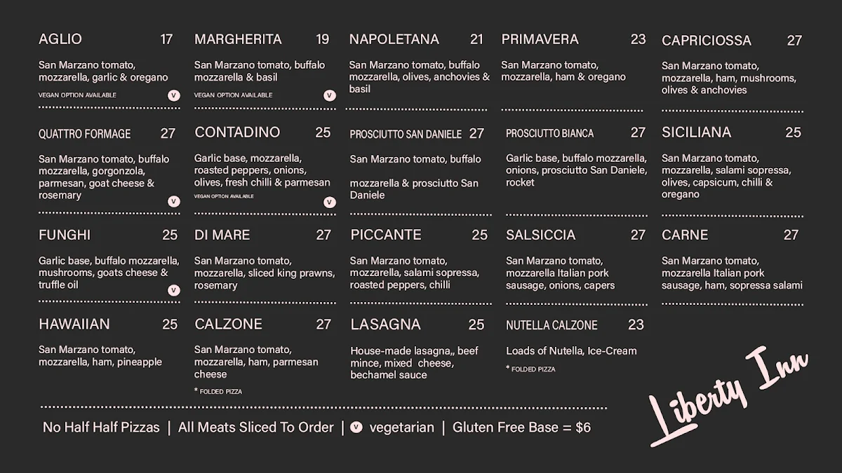 Menu, Liberty Inn Pizza Bar