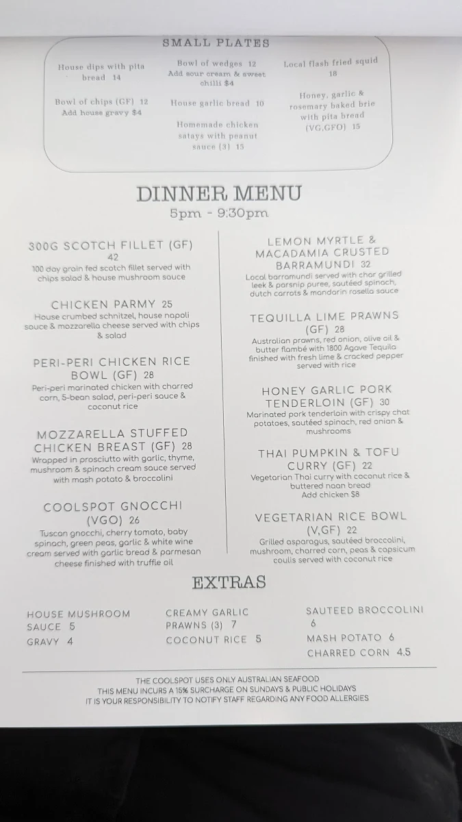 Menu, The Fannie Bay Coolspot