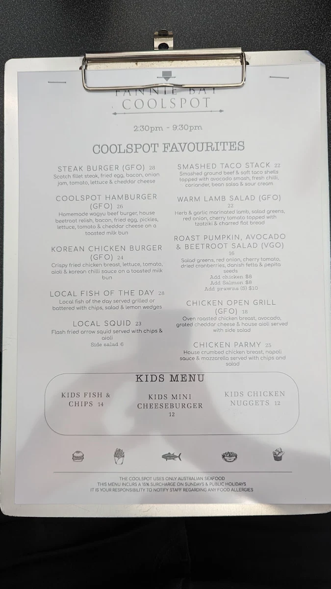 Menu, The Fannie Bay Coolspot