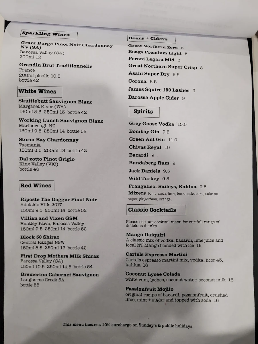 Menu, The Fannie Bay Coolspot
