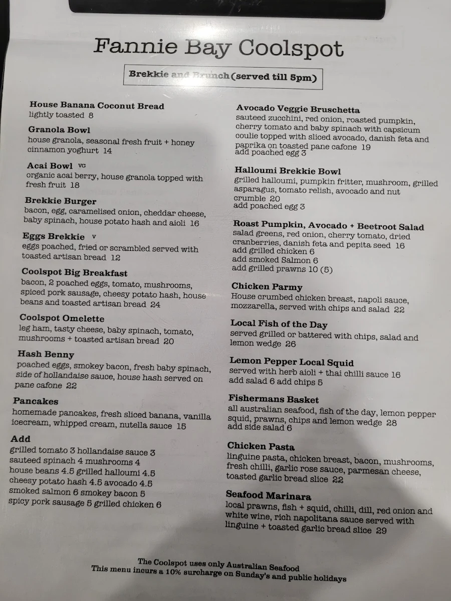 Menu, The Fannie Bay Coolspot