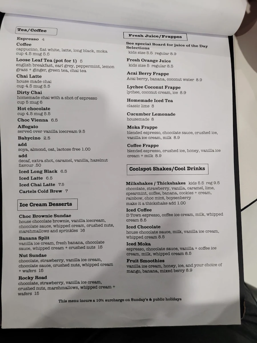 Menu, The Fannie Bay Coolspot