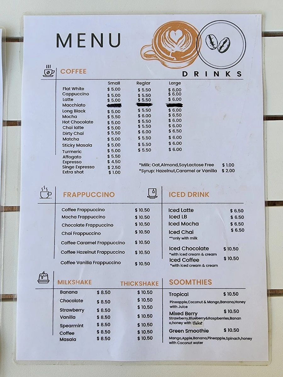Menu, AJ's Beach Cafe