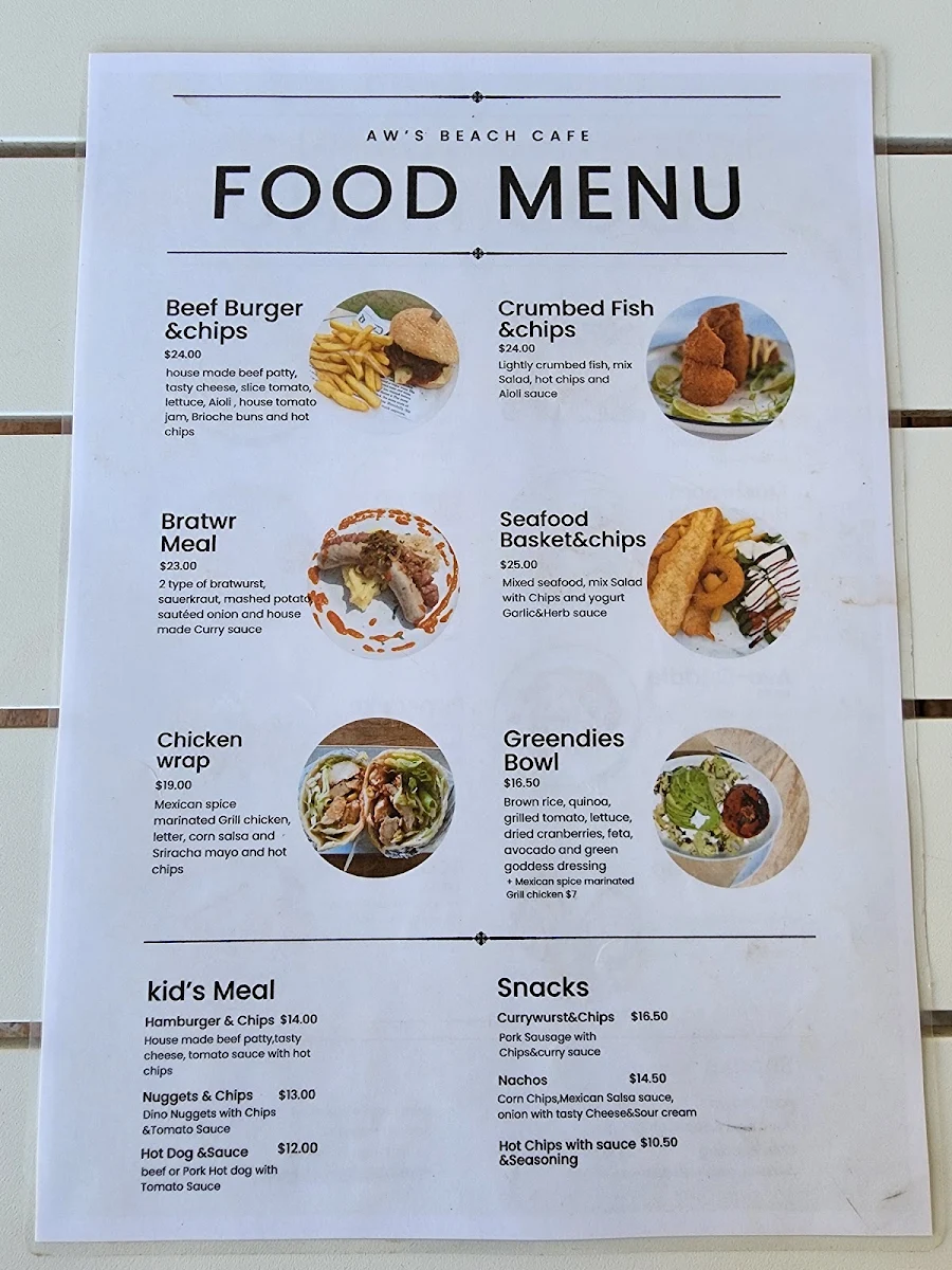 Menu, AJ's Beach Cafe
