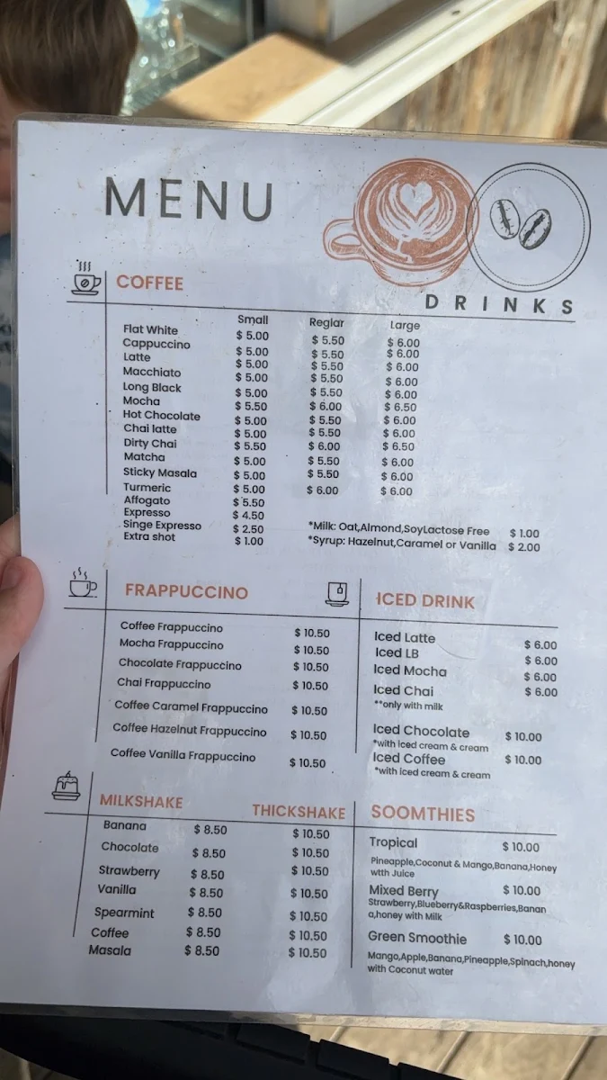 Menu, AJ's Beach Cafe
