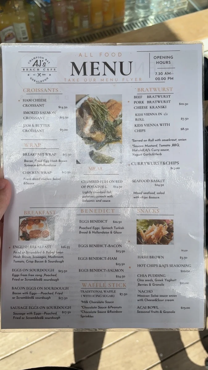 Menu, AJ's Beach Cafe