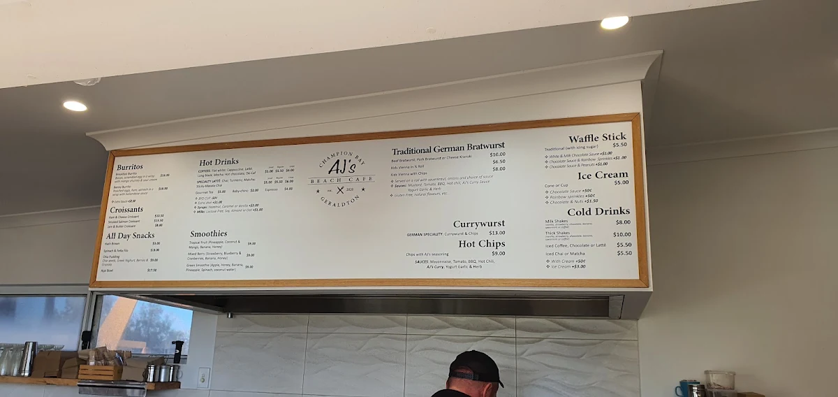 Menu, AJ's Beach Cafe