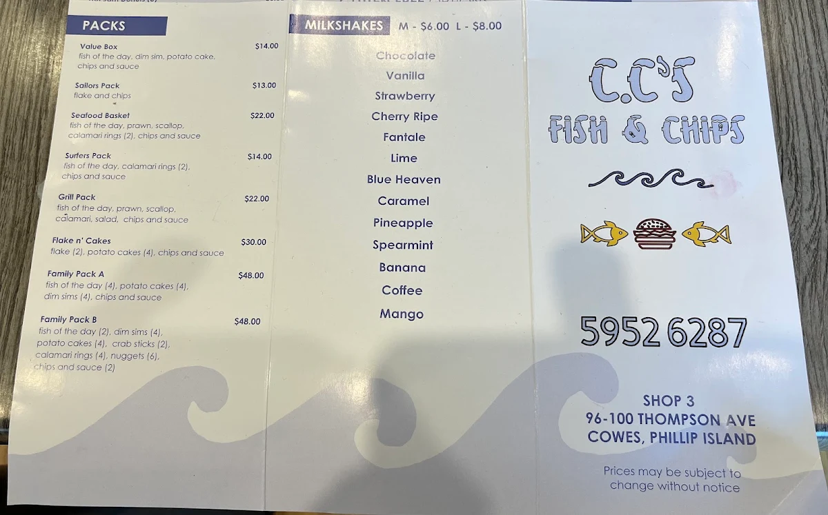 Menu, Fortuna Fish and Chips