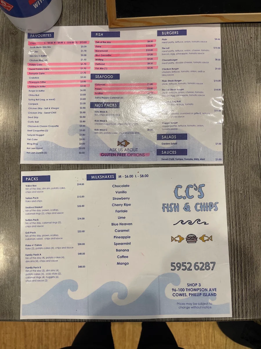 Menu, Fortuna Fish and Chips