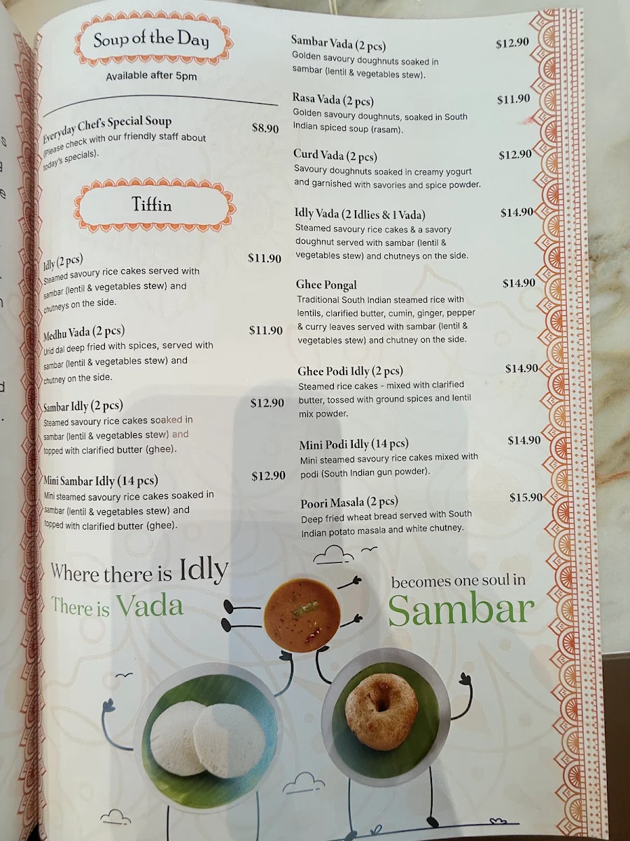 Menu, Adyar Ananda Bhavan, Clyde North (A2B Clyde North)