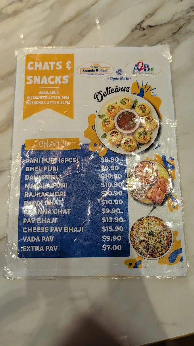 Menu, Adyar Ananda Bhavan, Clyde North (A2B Clyde North)
