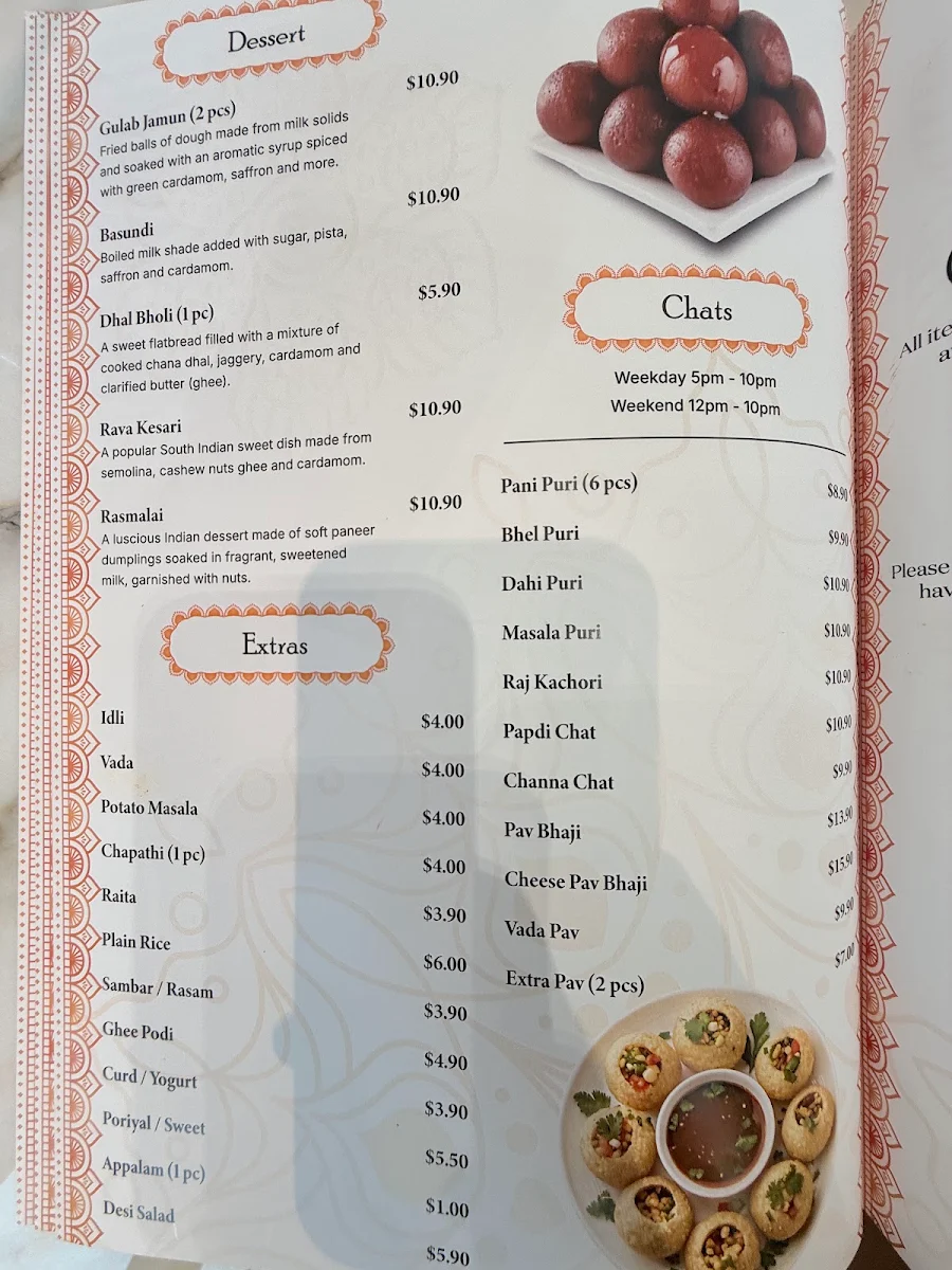 Menu, Adyar Ananda Bhavan, Clyde North (A2B Clyde North)