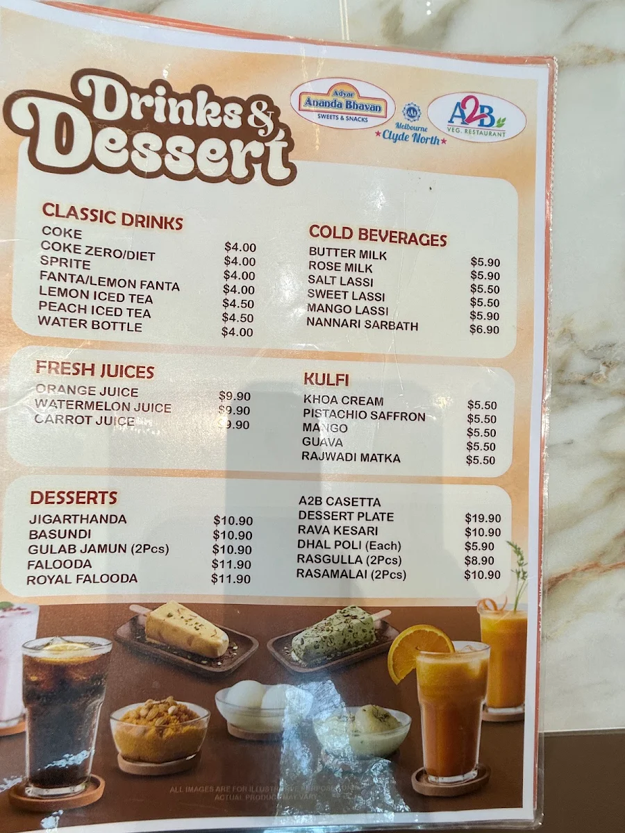 Menu, Adyar Ananda Bhavan, Clyde North (A2B Clyde North)