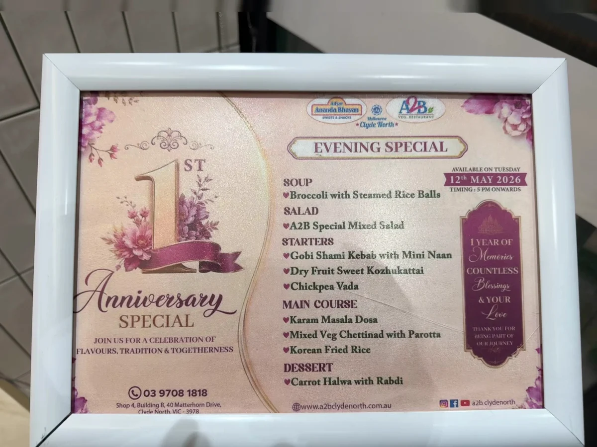 Menu, Adyar Ananda Bhavan, Clyde North (A2B Clyde North)