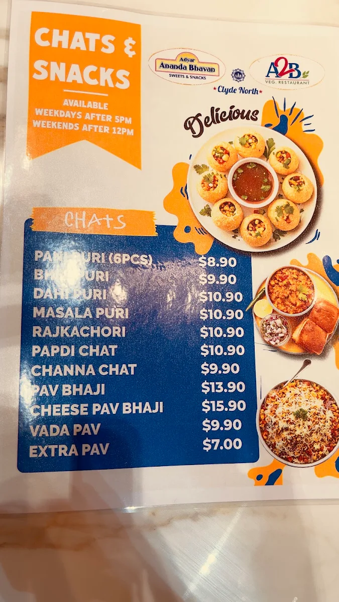 Menu, Adyar Ananda Bhavan, Clyde North (A2B Clyde North)