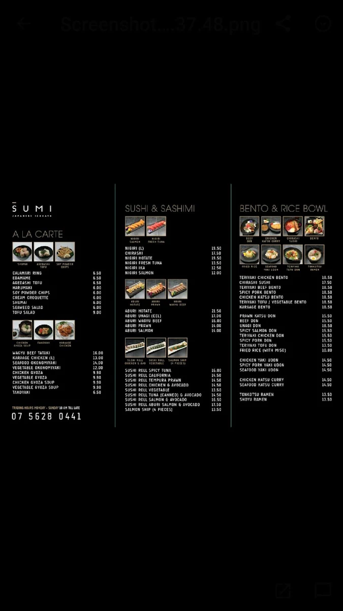 Menu, Izakaya Sumi