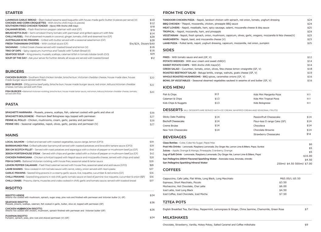 Menu, Luminous Restaurant & Bar