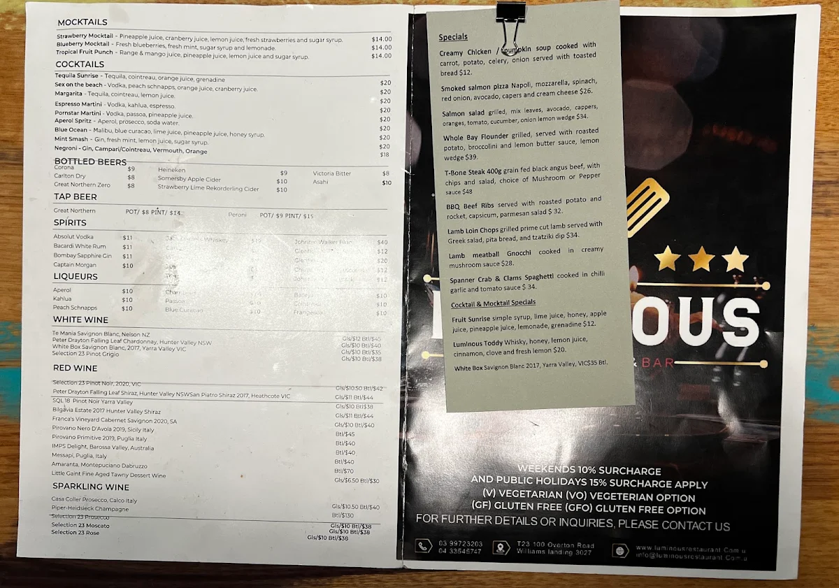 Menu, Luminous Restaurant & Bar